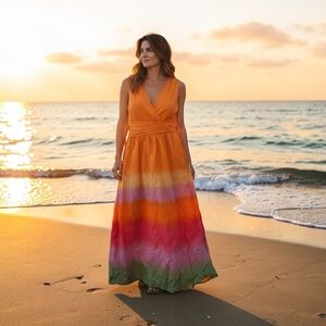 Taylor Rainbow Ombré Maxi V-Neck Sleeveless Pockets Dress Size S